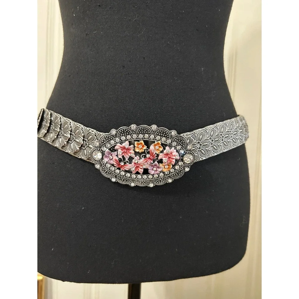 Vintage Y2K Silver Floral Butterfly Enamel Rhinestone Stretch  Belt 32 in Gypsy